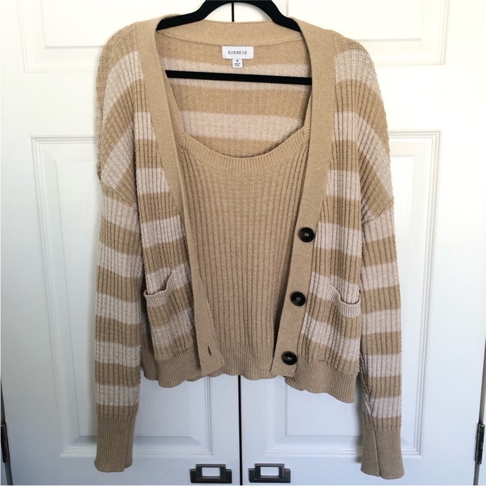 Evereve Tan and Cream Striped Cardigan Cami Set - Picture 2 of 11